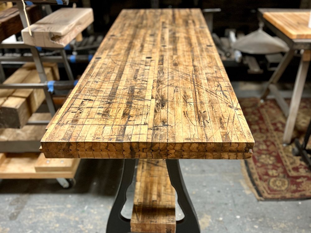 Boxcar flooring table top in the shop, the 2.25in planks running the full length
