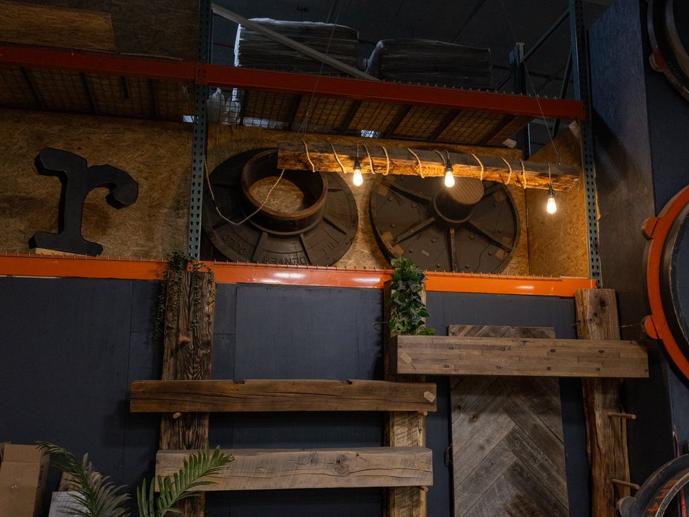 The showroom end of the warehouse, finished pieces built in the shop on display