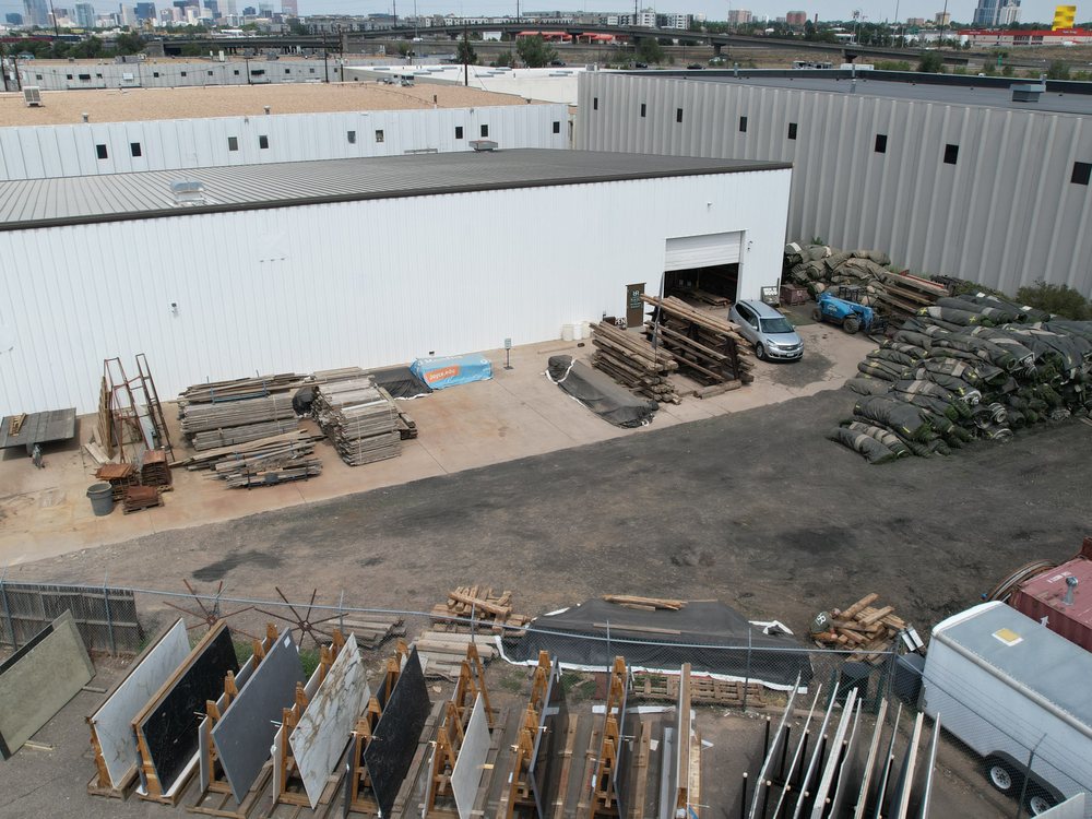 Aerial view of the Revolve Reclaimed yard and warehouse in Denver